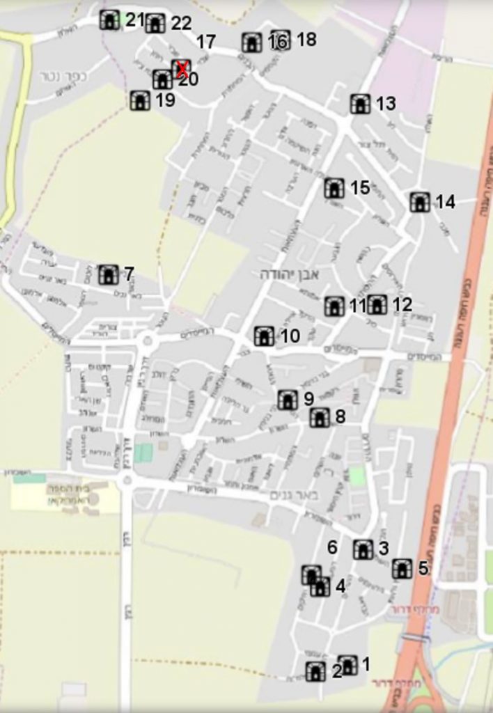 מפת מקלטים ציבוריים באבן יהודה כפי שמופיעה בטבלה הנמצאת בסמוך